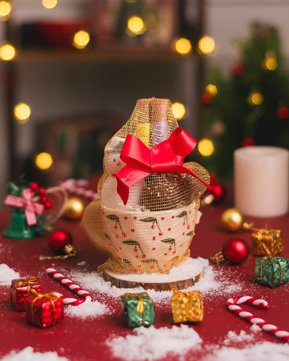 Festive holiday luxury gift arrangement styling props